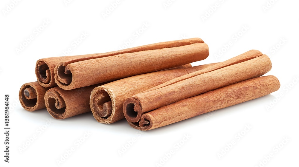 Aromatic cinnamon sticks arranged on pristine white background, close-up Aromatic cinnamon sticks arranged on pristine white background, close-up