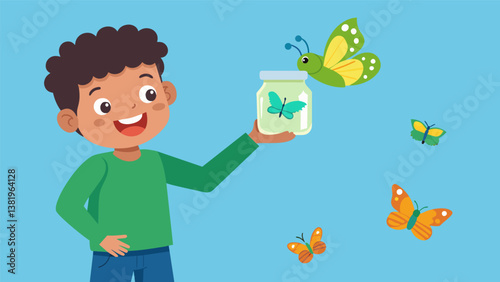 A boy excitedly pulls out a jar filled with caterpillars explaining how hes going to watch them transform into butterflies.. Vector illustration