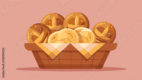 A basket of hot freshly baked soft pretzel bites dusted with cinnamon and sugar for a comforting and sweet snack.. Vector illustration