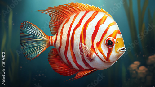 Vibrant orange and white striped angelfish swimming in underwater scene.