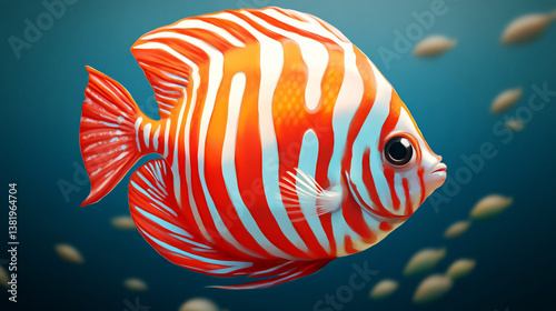 Vibrant orange and white discus fish swimming underwater.