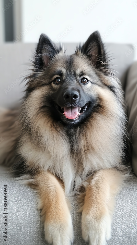 Fototapeta premium A happy Keeshond dog sitting on a couch, showcasing its fluffy coat and cheerful expression.