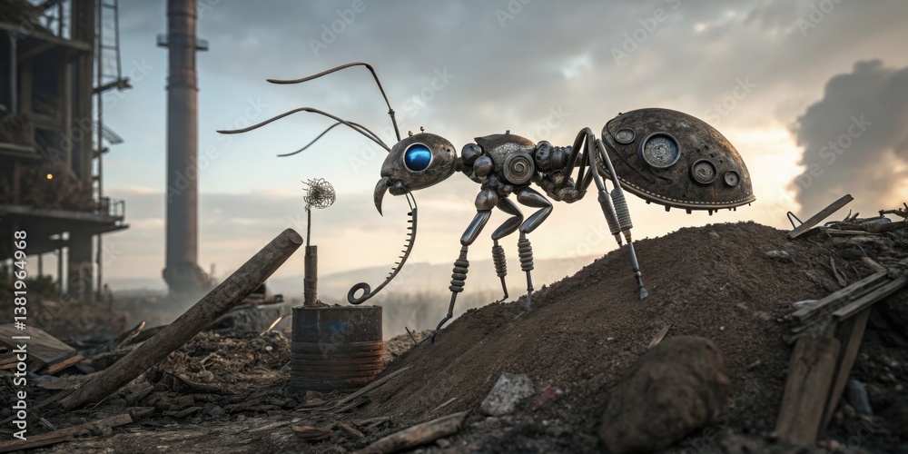 Robotic ant exploring a post-apocalyptic landscape with abandoned machinery and a dystopian atmosphere