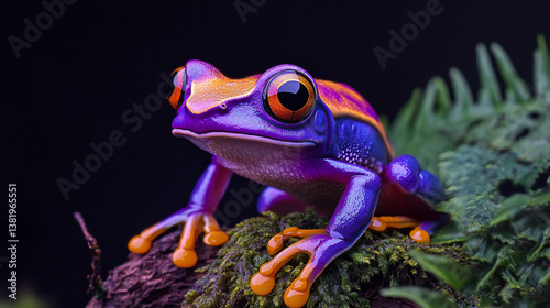 Vibrant purple and orange frog on mossy log.