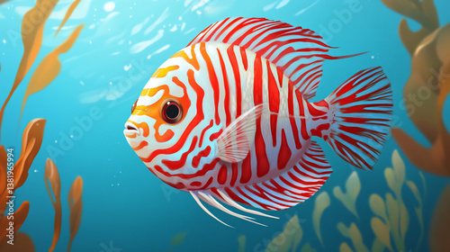 Vibrant red and white discus fish swims in underwater kelp forest.