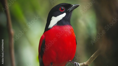 Vibrant red bird perched on branch.