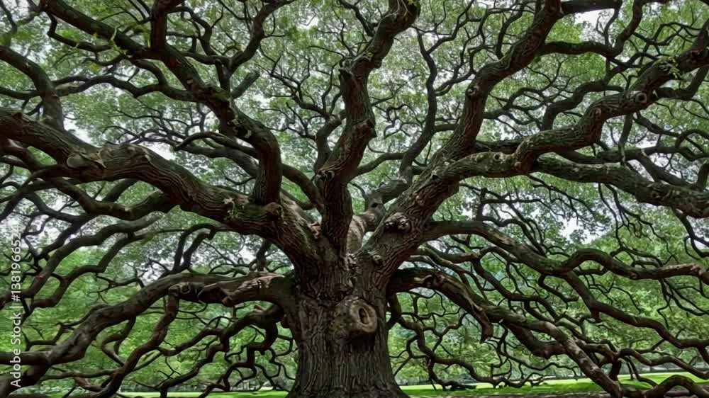 Large tree with twisted branches and dense green leaves Large tree with twisted branches and dense green leaves