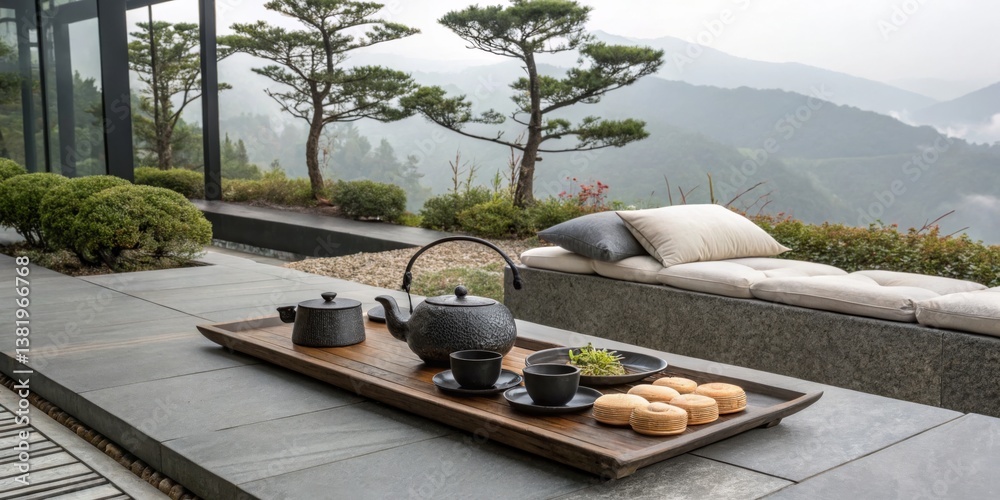 Serene tea setup in a tranquil garden overlooking mountains in early morning light