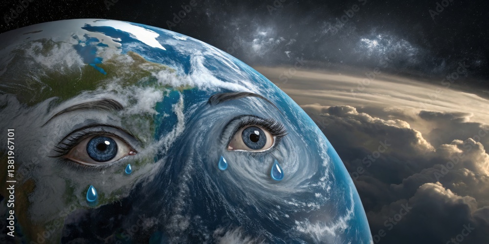 Emotional depiction of Earth with human-like eyes expressing sorrow amidst cosmic backdrop