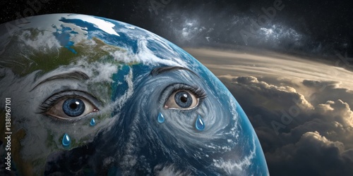 Obraz na płótnie Emotional depiction of Earth with human-like eyes expressing sorrow amidst cosmic backdrop w salonie