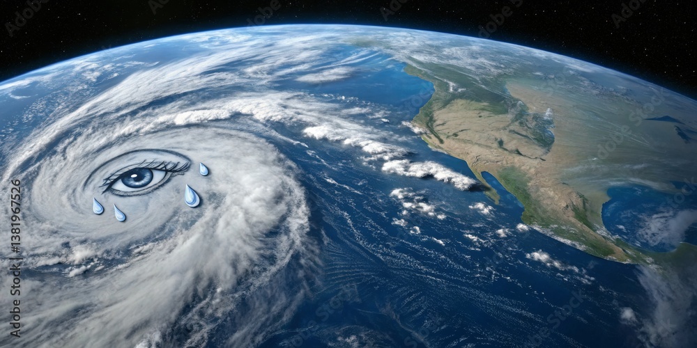 Depiction of a hurricane in the ocean near a coastal region, illustrating its eye and surrounding cloud formation