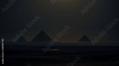 Mysterious pyramids in a foggy desert at night