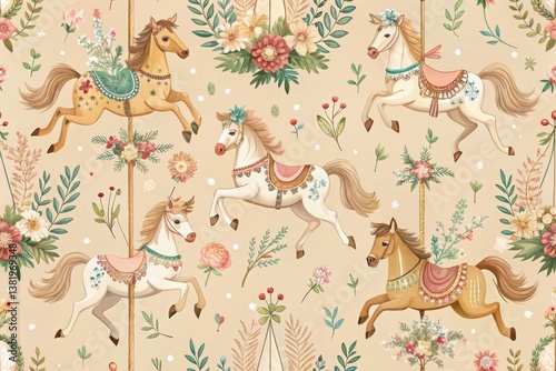 Whimsical Carousel Horses and Floral Design A Charming Seamless Pattern for Textile or Wallpaper Projects