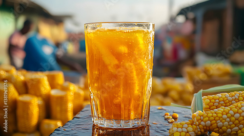 Refreshing asana drink in a glass with fresh corn in outdoor ghanaian market