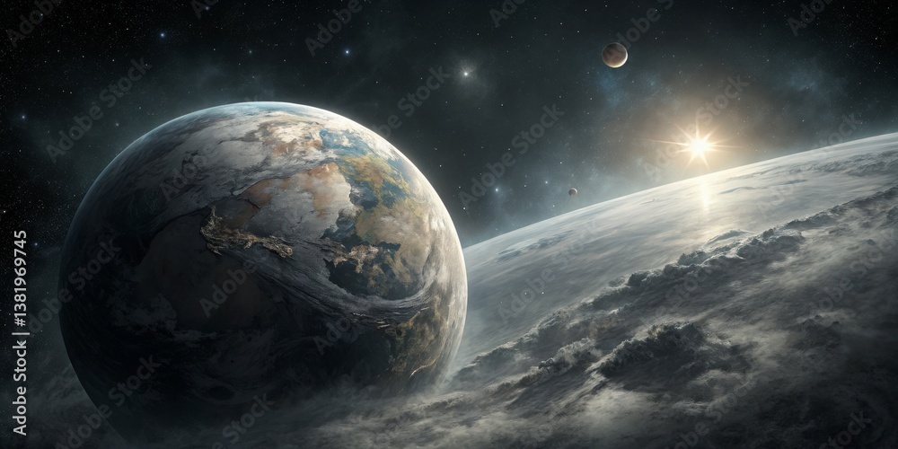 Planetary scene depicting Earth and distant celestial bodies in a vast cosmic environment during a starry night