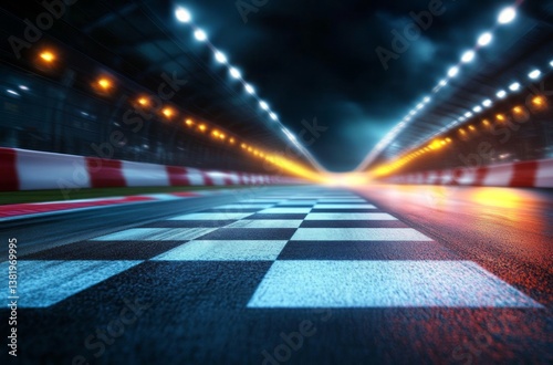 Dynamic Perspective of a Race Track Finish Line with Vibrant Lights and Motion Blur Creating a Sense of Speed and Excitement in a Nighttime Scene