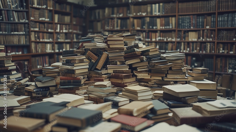 Obraz premium Ancient library, overflowing books, stacks, scholarly