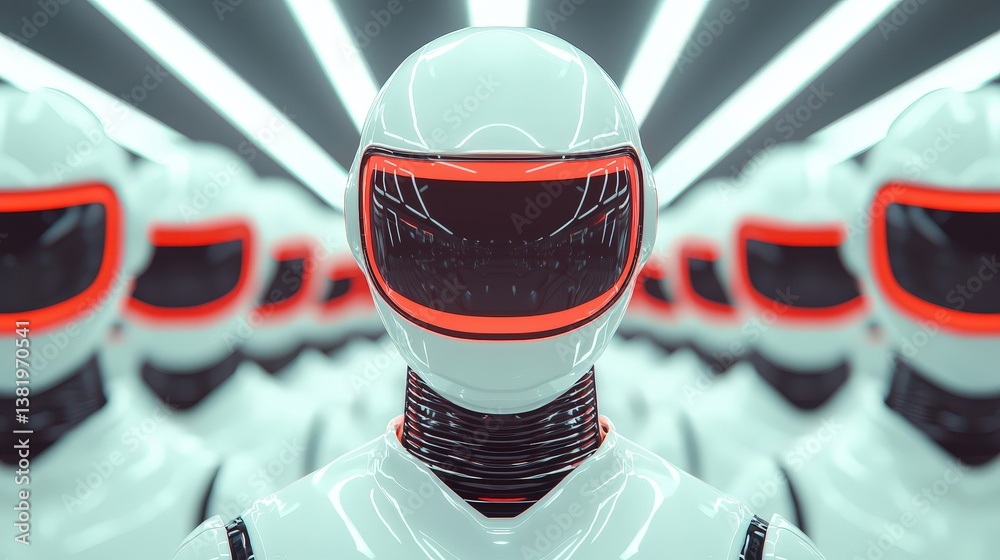 Obraz premium A robot with a red visor stands in a line of robots
