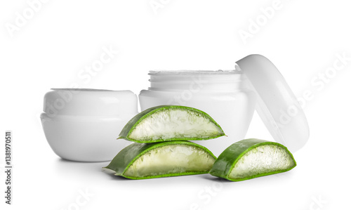 Obraz na płótnie Aloe vera with jars of cream on white background w salonie