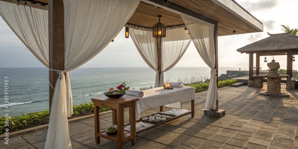 Relaxation experience at a serene oceanfront spa during sunset in Bali