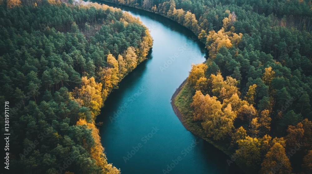 Aerial view Autumn river winding through forest Aerial view Autumn river winding through forest