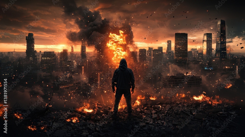 A man stands in the middle of a city that is on fire A man stands in the middle of a city that is on fire