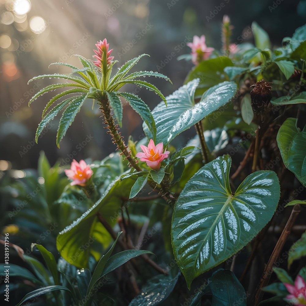 Obraz premium A breathtaking, high-resolution close-up of vibrant tropical plants covered in morning dew, illuminated by soft golden sunlight. Lush green leaves with intricate vein patterns, exotic flowers blooming