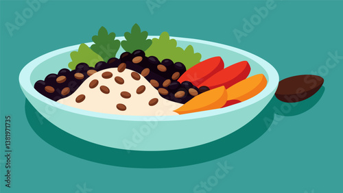 A bowl of quinoa black beans and roasted vegetables ready to be mixed together for a quick and healthy meal.. Vector illustration