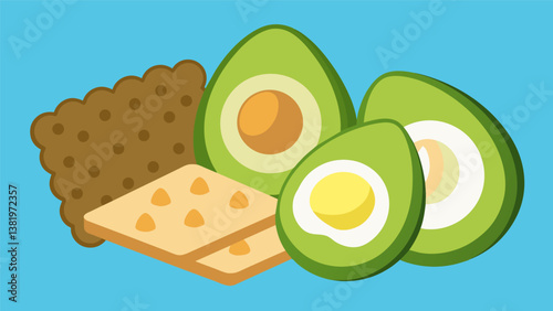 A simple yet satisfying snack of wholegrain crackers avocado slices and boiled eggs for a balance of healthy fats and protein.. Vector illustration