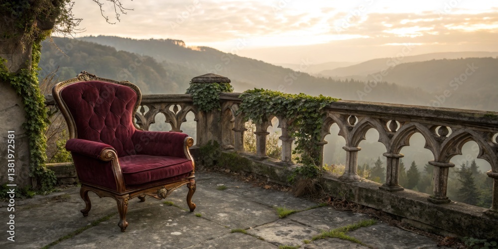 Elegant vintage chair overlooks stunning valley at sunset in serene location