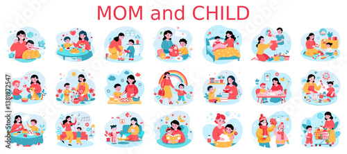 A set of 20 flat vector illustrations depicting various scenes of a mother and child interacting in different settings, rendered in a warm color palette with a focus on family and love.