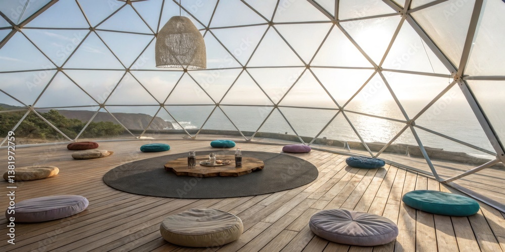 Relaxing retreat in a geodesic dome overlooking the ocean at sunset