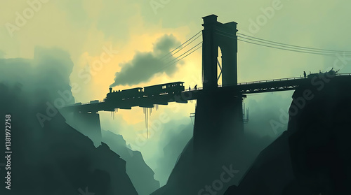 Steampunk train bridge mountain fog