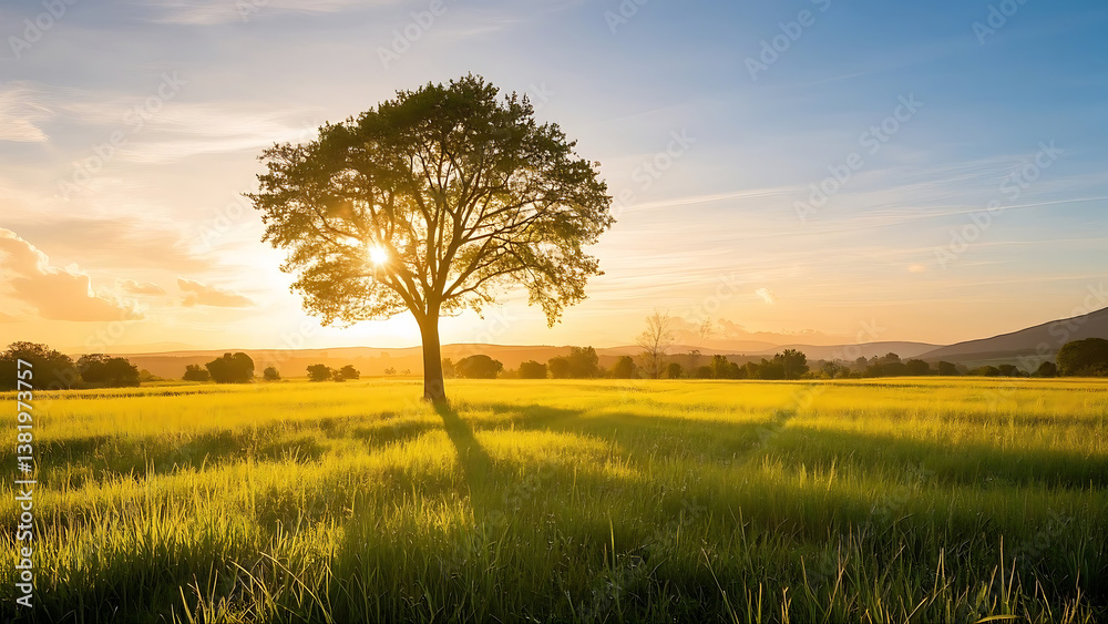 Obraz premium Single Tree in Vast Golden Field Under Sunset, Radiating Warm Natural Beauty