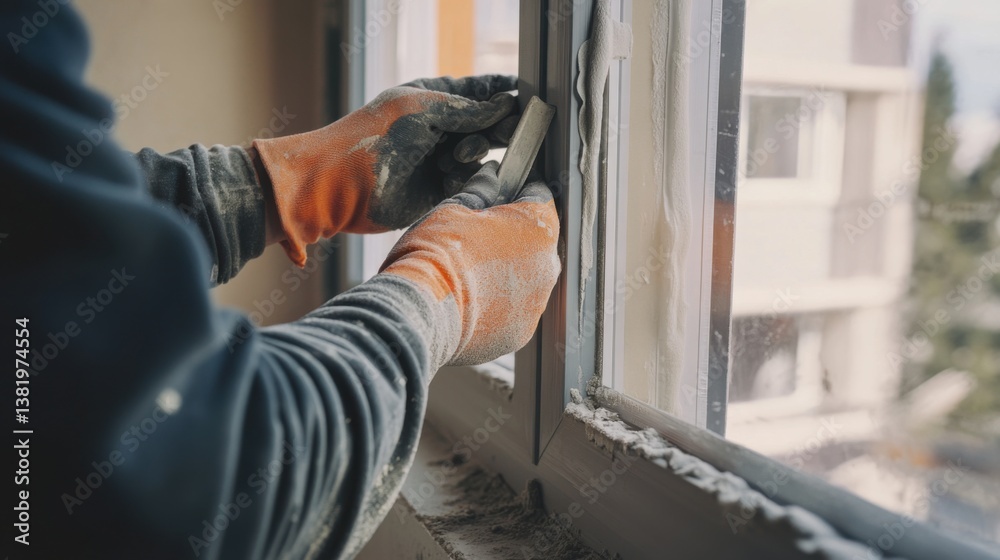 A construction worker applying sealant to windows at a building site. Featuring attention to detail and safety A construction worker applying sealant to windows at a building site. Featuring attention to detail and safety
