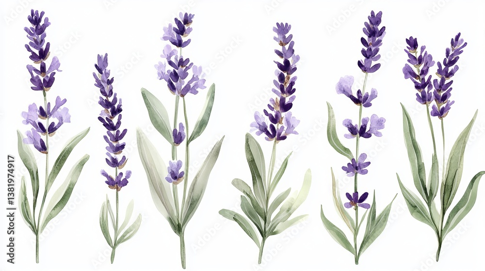 Fototapeta premium Elegant Watercolor Lavender Flowers Botanical Illustration Set Purple Floral Design Elements Nature Inspired Art Prints Romantic Wedding Invitation Greenery Herbs Fresh Spring Summer Bouquet plant 