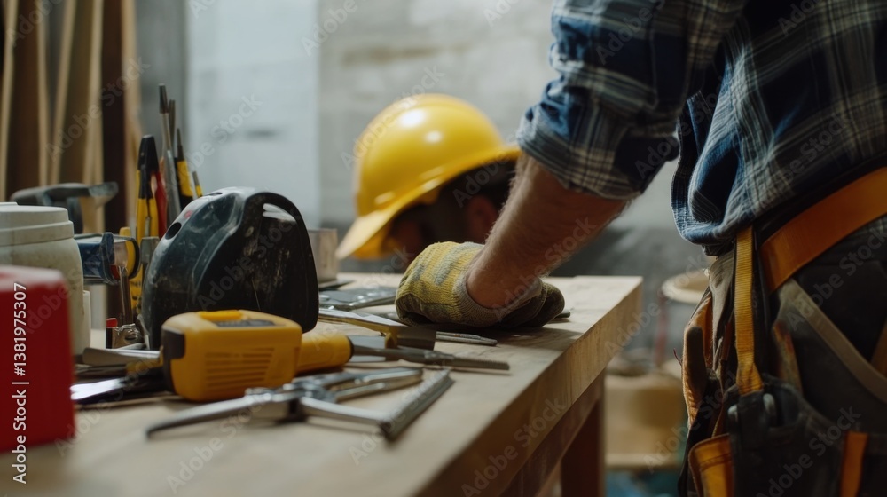 A construction worker arranging tools on a workbench at a building site. Featuring organization and readiness A construction worker arranging tools on a workbench at a building site. Featuring organization and readiness