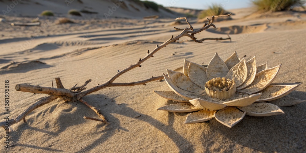 Unique plant with wooden petals rests on sand beside a dry branch in a desert landscape during golden hour