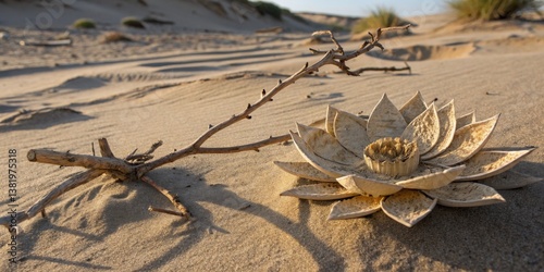 Obraz na płótnie Unique plant with wooden petals rests on sand beside a dry branch in a desert landscape during golden hour w salonie