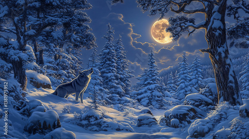 Hyper-Realistic Wolf Howling at Full Moon in Snowy Forest