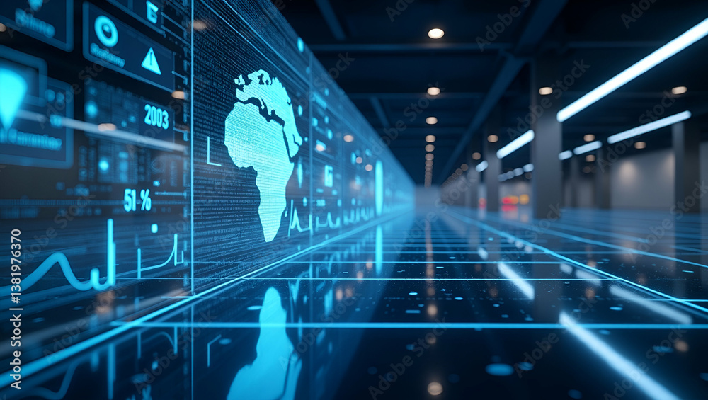 Naklejka premium Explore our premium photo stock featuring AI-powered surveillance designs, showcasing intelligent monitoring systems in expansive empty spaces.