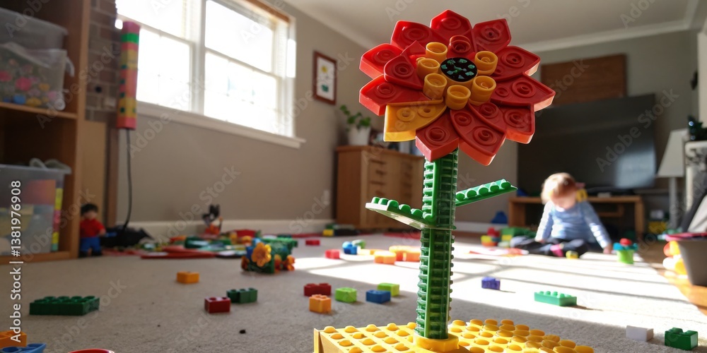 Colorful flower built with construction blocks in a playroom filled with toys and a child playing on the floor
