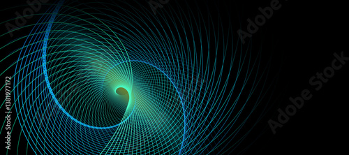 Foto Abstract spiral grid in blue and green on a black background, symbolizing AI, machine learning, and digital flow