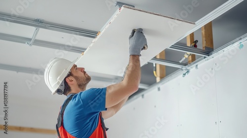Wallpaper Mural A construction worker assembling drywall panels on a ceiling. Featuring expertise and care Torontodigital.ca