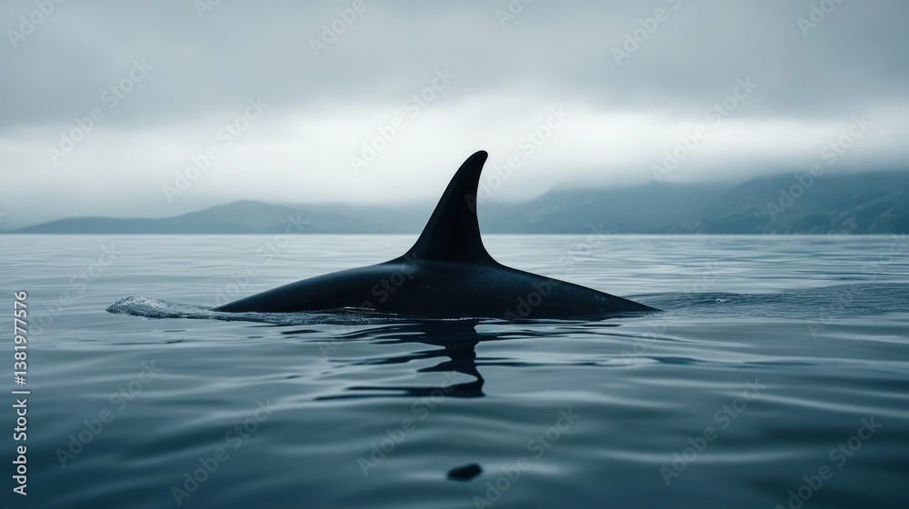 Fototapeta premium The dorsal fin of a killer whale is visible above the waters