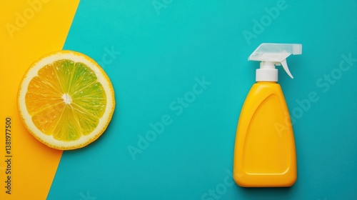 Obraz na płótnie A yellow cleaning spray bottle rests beside a freshly cut lemon on a bright turquoise and yellow background, suggesting freshness and cleanliness w salonie