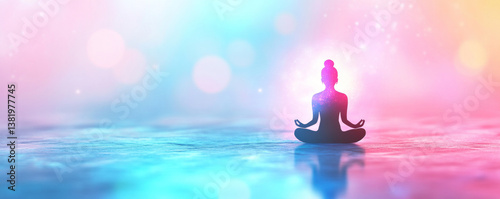 A woman is sitting in a lotus position on a body of water. The water is blue and the sky is pink. The woman is surrounded by a lot of light and the scene is peaceful and calming