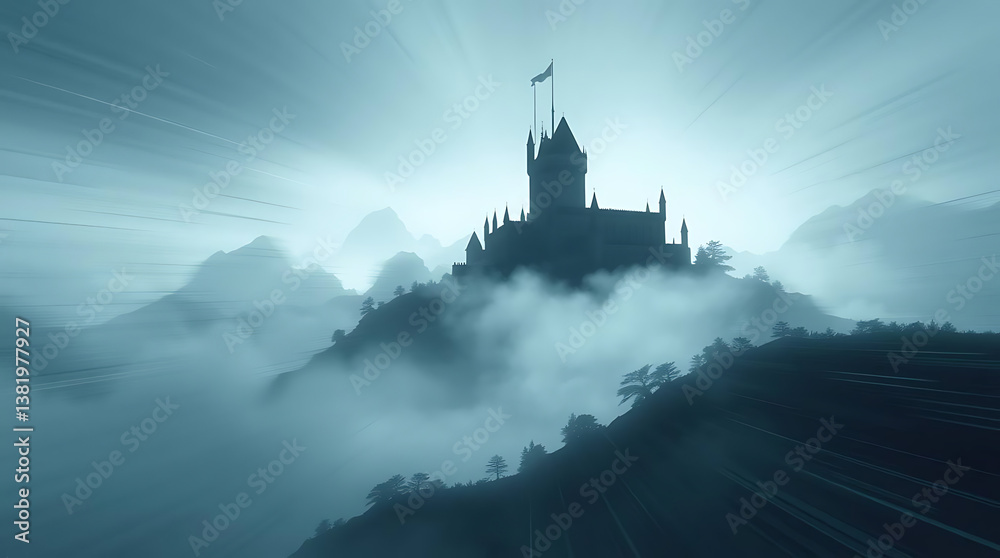 Misty Mountain Castle Silhouette