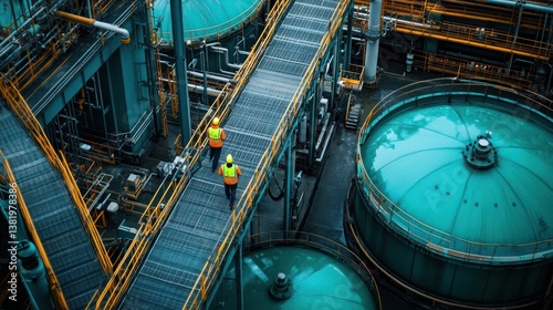 Refinery workers walk elevated walkway, industrial complex background, safety inspection