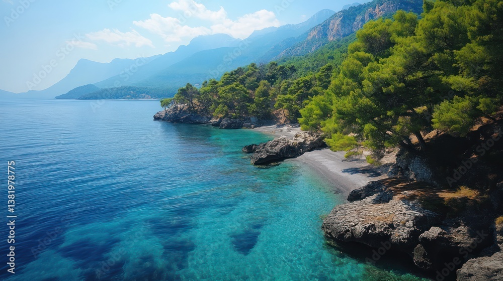 Secluded cove, turquoise water, coastal mountains, sunny day, aerial view, travel brochure